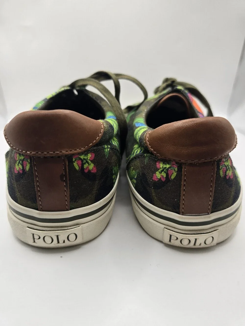 Polo Ralph Lauren Green Tropical Floral Camo Deck Sneakers. Mens 10 D